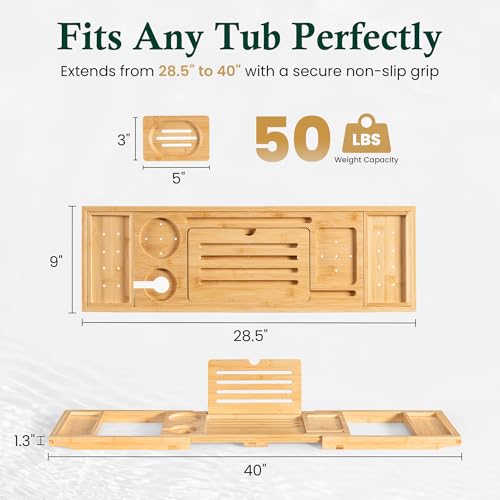 Bamboo Bathtub Tray, Natural Bath Caddy | Wine Glass Holder, Phone Book Rack, Hands Free Bath Reading, Premium Spa Bath Organizer - color: Modern Bamboo Finish