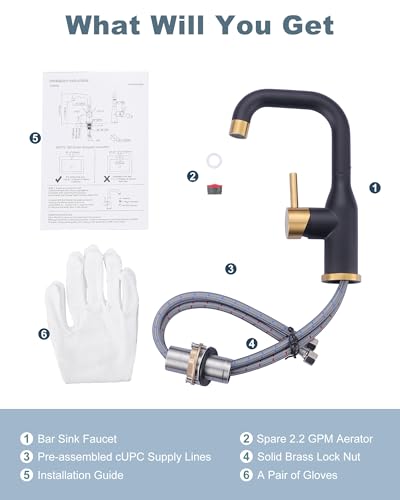 Bar Sink Faucet Single Hole: ARCORA Black and Gold Wet Bar Faucets - Prep Sink Faucet 360 Swivel - Small Kitchen Bathroom Faucet with cUPC Supply Lines - color: Black and Gold