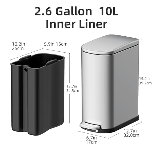 KSSKSS 2.6 Gallon/10L Slim Stainless Steel Bathroom Trash Can with Soft Close Lid, for Narrow Spaces,Bathroom, Bedroom (Silver) - color: Silver