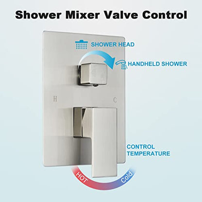 Shower System 12 Inch LED Square Showerhead Shower Faucet Set Shower Kit with Handheld Spray SUS304 Stainless Steel Shower Trim Kit Handheld shower with Rough-in Valve Brushed Nickle… - color: Brushed Nickel, style: 12"-led