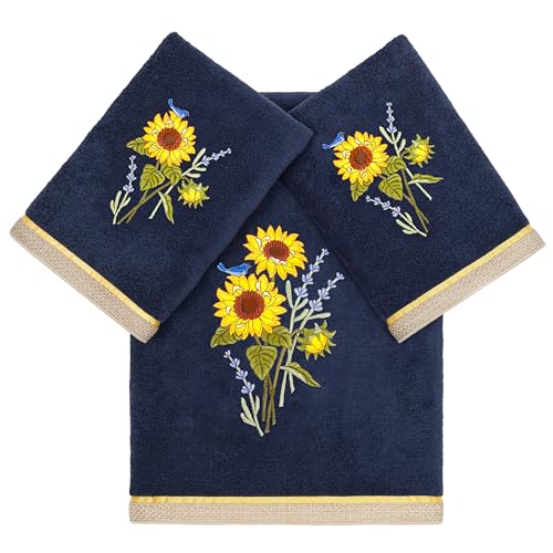 Jubilant 3-Piece Towel Set, Embroidered Sunflower & Lavender, 100% Turkish Cotton, Super Absorbent, Country Charm Decor, 1 Bath 2 Hand Towels, Marine - color: Marine, size: 1 Pc Bath 2 Pcs Hand Towel
