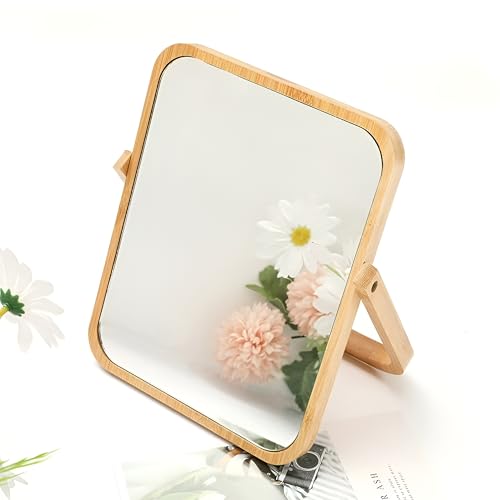 Wooden Desktop Makeup Mirror, Rectangular Tabletop Vanity Mirror with 360° Rotation, Portable High-Definition Single-Sided Cosmetic Mirror for Dressing Table, Bedroom & Bathroom (Yellow Beech Wood) - color: Yellow Beech Wood