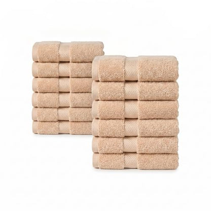 12 Pack Organic Cotton Washcloths, 700 GSM, 13x13 in – Beige | Plush face towels set, soft, absorbent, quick-drying wash cloths for showering, GOTS & Oeko-TEX, baby face cloths, 13x13 in - color: Beige
