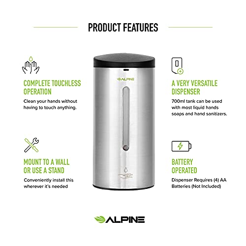 Alpine Automatic Soap Dispenser - Touchless Hand Sanitizer Liquid/Gel Dispenser - for Restaurant, Hospital, School, Hotel, Kitchen, and Bathroom-700mL(Stainless Steel)