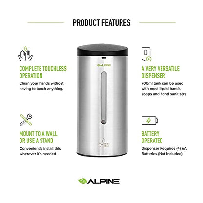 Alpine Automatic Soap Dispenser - Touchless Hand Sanitizer Liquid/Gel Dispenser - for Restaurant, Hospital, School, Hotel, Kitchen, and Bathroom-700mL(Stainless Steel)