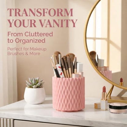Pink Makeup Brush Holder, 360° Rotating Makeup Organizer | Cute 5-slot spinning vanity caddy for makeup brushes, lipstick & hair accessories — bathroom, dorm & office desk - style: Pink