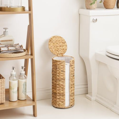 StorageWorks Water Hyacinth Free Standing Toilet Paper Holder Stand for Bathroom, 3 Rolls of Toilet Tissue Storage with a Built-in Cloth Lining, Toilet Roll Holder Stand with Lid | Decorative 3 Rolls of Toilet Tissue Storage with a Built-in Cloth Lining,