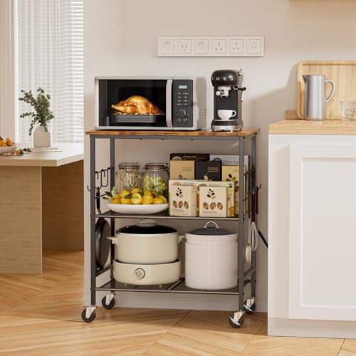 NTE Rolling Kitchen Microwave Cart, 3 Tier Microwave Stand with Storage, Small Kitchen Island on Wheels, Kitchen Storage Cart with 6 Hooks for Kitchen, Coffee Bar, Living Room, Balcony - color: Black