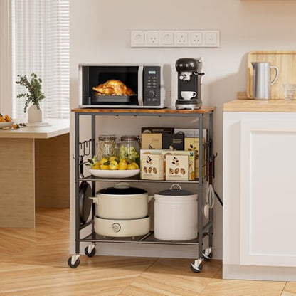 NTE Rolling Kitchen Microwave Cart, 3 Tier Microwave Stand with Storage, Small Kitchen Island on Wheels, Kitchen Storage Cart with 6 Hooks for Kitchen, Coffee Bar, Living Room, Balcony - color: Black
