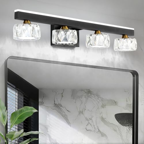 Black Crystal Bathroom Vanity Light Fixtures Over Mirror for Bathroom Lighting (4 Lights)