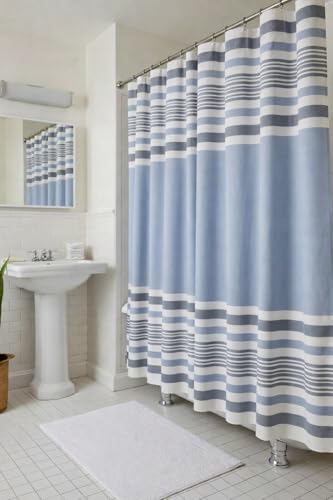 Nautical Striped Blue & White Cotton Fabric Bathroom Shower Curtain, 72x72 | Light Blue Denim and White Stripes for Coastal Beach Bath Decor, Machine Washable - color: Newport