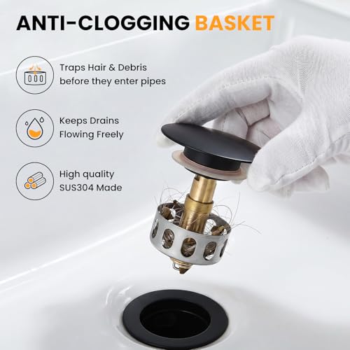 Bathroom Sink Drain with Overflow, Pop Up Drain for Bathroom Sink with Removable Hair Catcher, Matte Black 304 Stainless Steel Bathroom Sink Stopper, Fits 1-1/2" to 1-3/4" Drain Openings - color: Matte Black, style: Big Popup Cap