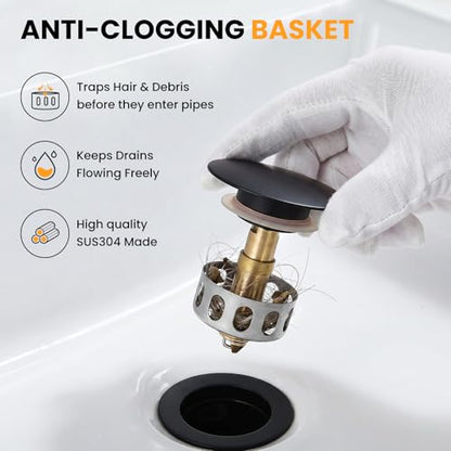 Bathroom Sink Drain with Overflow, Pop Up Drain for Bathroom Sink with Removable Hair Catcher, Matte Black 304 Stainless Steel Bathroom Sink Stopper, Fits 1-1/2" to 1-3/4" Drain Openings - color: Matte Black, style: Big Popup Cap