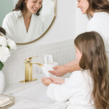 Brushed Gold Bathroom Faucets, Waterfall Bathroom Sink Faucet | Single Handle, Stainless Steel, Vanity Faucet with Deck Plate, Pop-up Drain, For 1 or 3 Hole, RV, Farmhouse - color: A-Brushed Gold