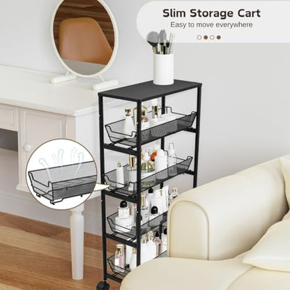 IBERG 5 Tier Slim Storage Cart with Wheels and Pull Out Baskets (Black)