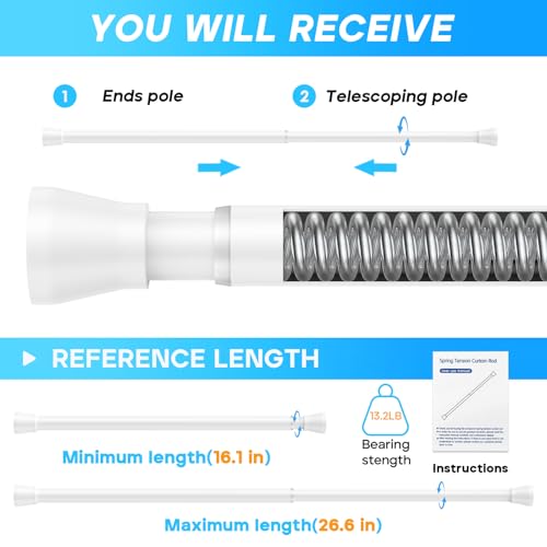 Tension Rod 16 to 26 Inch Adjustable Curtain Rod No Drilling White Tension Curtain Rod Spring Tension Curtain Rod for Bookshelf Diy Projects Kitchen Cupboard Bathroom Wardrobe 1PCS - color: White, size: 16-26 inch 1pcs