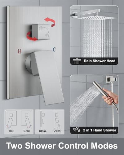 Aolemi Shower System with Rain Head and Handheld,12-Inch,Brushed Nickel | High-Pressure Shower Faucet Set with Dual-Function Handheld,Rough-In Valve,1.8 GPM,Wall-Mount Trim Kit - color: Brushed Nickel, size: 12 Inch