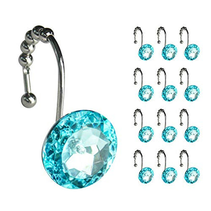 Sunlit Luxury Design Round Teal Blue Diamond Crystal Gem Bling with Glide Balls Shower Curtain Hooks for Mermaid Shower Curtains, Rust Proof Metal Rhinestones Glam Shower Curtain Rings-12 Pack - color: Teal