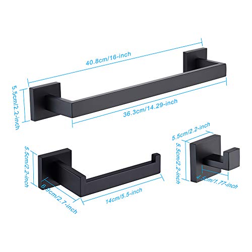 TASTOS 3-Piece Bathroom Hardware Set Matte Black Wall Mounted Bathroom Accessory Set, Premium Stainless Steel Robe Hook Toilet Paper Holder 16-Inch Towel Bar (Black) - color: Matte Black