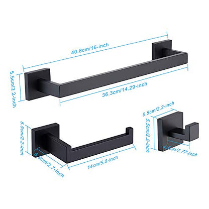 TASTOS 3-Piece Bathroom Hardware Set Matte Black Wall Mounted Bathroom Accessory Set, Premium Stainless Steel Robe Hook Toilet Paper Holder 16-Inch Towel Bar (Black) - color: Matte Black