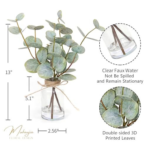 Muhanjia Artificial Eucalyptus Stems in Glass Vase with Faux Water,3Pcs Fake Plant with Double-Sided Green Leaves for Centerpiece(Double-Sided Green Eucalyptus)