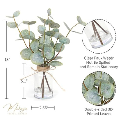 Muhanjia Artificial Eucalyptus Stems in Glass Vase with Faux Water,3Pcs Fake Plant with Double-Sided Green Leaves for Centerpiece(Double-Sided Green Eucalyptus)