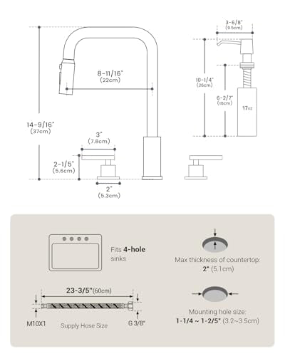 APPASO 4 Hole Black Kitchen Faucet with Pull Down Sprayer & Soap Dispenser | Matte Black Square Neck Kitchen Sink Faucet with Dual Handle, Stainless Steel for 3 and 4-Hole Sinks, Easy to Install - color: 3-Black