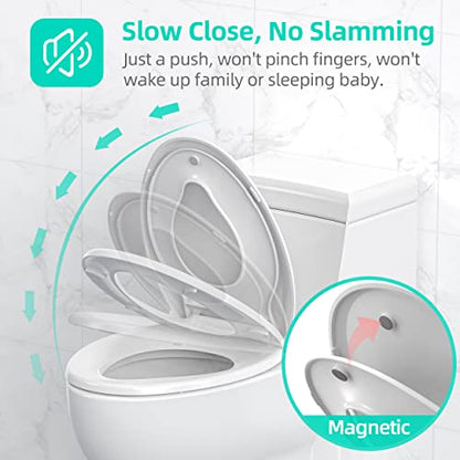 Elongated Toilet Seat with Built-in Potty Training Seat for Toddlers& Adults, Slow Close, Never Loosen, Heavy Duty, Ergonomic, Space Saving Toddler Toilet Seat(Elongated 18.5", Oval) - size: 18.6 x 14.2 x 2.5