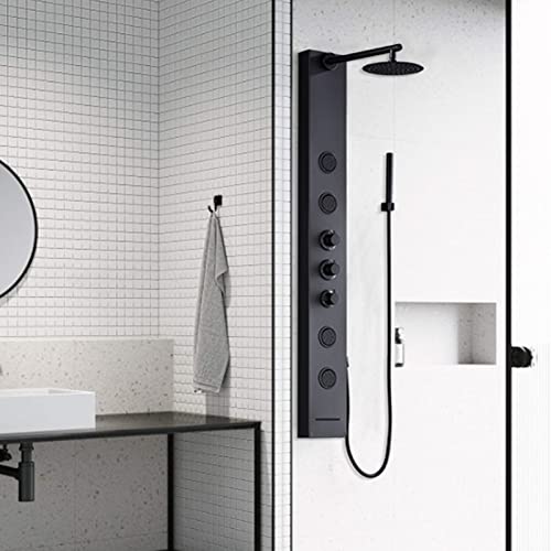 Achelous Round Rainfall Shower Head Panel System with Thermostatic,Stainless Steel High Pressure Turbo Body Jets Waterfall Shower Tower,Brass Handheld Wand in Matte Black - style: Round