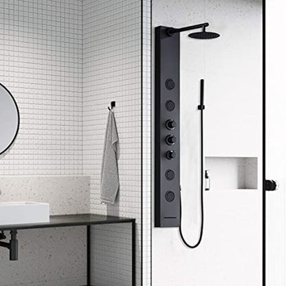 Achelous Round Rainfall Shower Head Panel System with Thermostatic,Stainless Steel High Pressure Turbo Body Jets Waterfall Shower Tower,Brass Handheld Wand in Matte Black - style: Round