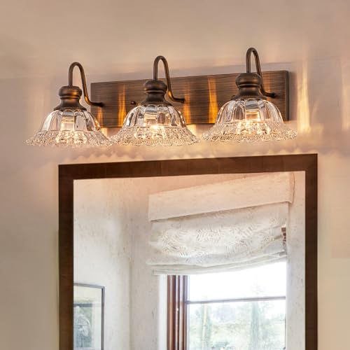 EDISLIVE ORB 3-Light Vintage Vanity Light for Bathroom Bath Wall Light Fixture with Clear Flower Glass Shades 25" E26 Antique Wall Sconce for Bedroom Hallway Living Room Vanity Mirror - color: ORB-A, size: 3 Light