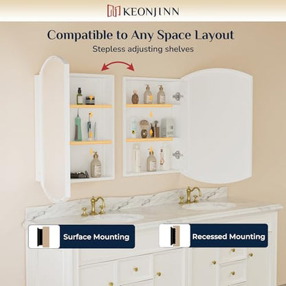 Keonjinn Medicine Cabinet 16 x 26 Inch, Surface Mount or Recessed Cabinets with Mirrors, White Metal Framed Wall Mirror with Storage, 2 Adjustable Shelves, Beveled Edge Frame | Adjustable Shelves, Different Curved Frame Design, Wall Mirror with Storage, S
