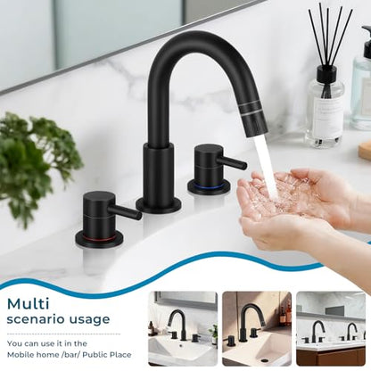8 Inch Pull Down Bathroom Faucet 3 Hole,Black Bathroom Sink Faucet | Stainless Steel,Pull Down Sprayer,3 hole Widespread,with Pop-up Drain,Water Supply Hoses,Two Water Flow Modes, Black - color: A-Matte Black