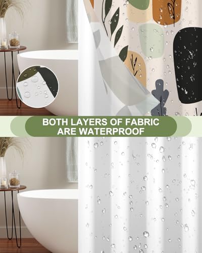 Boho No Hook Shower Curtain with Snap in Liner Set, 71x74 Inch | Double layer Waterproof Bath Curtain with Mesh Top, Abstract Botanical Leaf & Geometric Print for Mid-Century Modern Bathroom - color: Boho-1