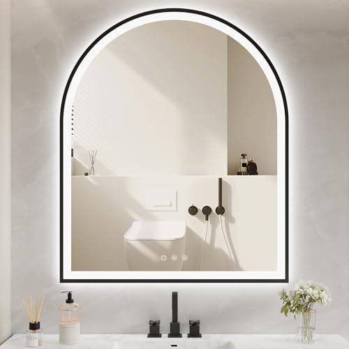 30"x36" Arched LED Lighted Bathroom Mirror with Lights | Black Aluminum Frame, Fogless, Dimmable, Shatterproof, Touch Sensor, 3 Color Changing - color: Black, size: 36"L x 30"W
