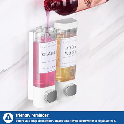 Shampoo and Conditioner Dispenser Bathroom Shower Soap Dispenser Wall Mounted Shampoo Dispenser for Shower Wall No Drill 2 * 300ml White 2 Chamber with Waterproof Labels - color: White 2