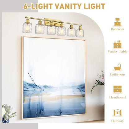 zeyu 42.2'' Modern Bathroom Gold Light Fixture, 6 Light Bathroom Lighting Fixtures Over Mirror Bedroom, Brushed Gold Finish with Clear Hammered Glass, ZJF63B-6W BG - color: Brushed Gold|Hammered Glass, size: 6-Light