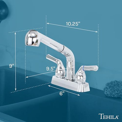 JS Jackson Supplies Dual Handle Pull Out Faucet, Chrome Finish, 4 Inch Center Set, Universal Utility Sink or Laundry Tub ABS Plastic Faucet with Spray Setting - color: Chrome