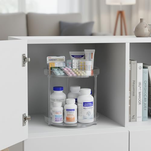 Lazy Susan 2-Tier Medicine Cabinet Organizer, Clear Plastic Spinning Spice Organization for Cabinet, Rotatable Makeup Organizer Countertop for Bathroom Vanity, Kitchen Pantry & Small Spaces Storage