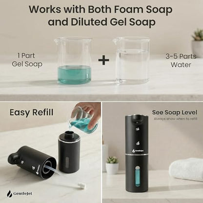 GentleJet JetFoam Automatic Foam Soap Dispenser Touchless Sensor, USB-C Rechargeable, Adjustable Output, IPX5 Waterproof, 300 ml, Bathroom & Kitchen Countertop - color: Black