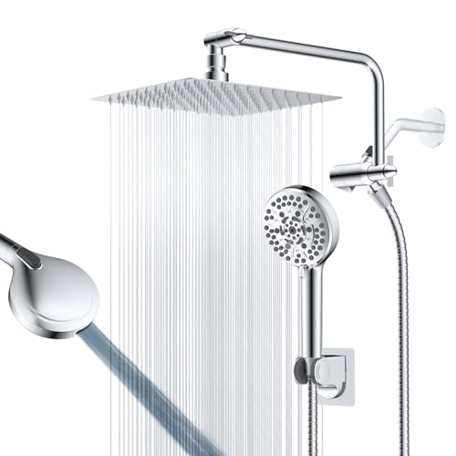 10" Metal Rainfall Shower Head with 10-Mode Handheld, Chrome | NSF/ANSI/CAN 372 Certified, High Pressure Showerhead Combo with 11" Adjustable Shower Arm, 71" Hose, Shower Head Holder - color: Chrome, style: Square 10"