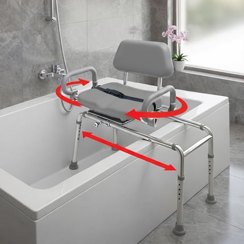 Carousel Sliding Shower Chair Tub Transfer Bench with Swivel Seat Elderly | Slide Safely In & Out of the Tub - Gray, padded seat, padded armrests, swivel seat, backrest, portable, tool-free assembly - color: Gray