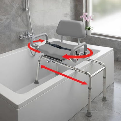 Carousel Sliding Shower Chair Tub Transfer Bench with Swivel Seat Elderly | Slide Safely In & Out of the Tub - Gray, padded seat, padded armrests, swivel seat, backrest, portable, tool-free assembly - color: Gray