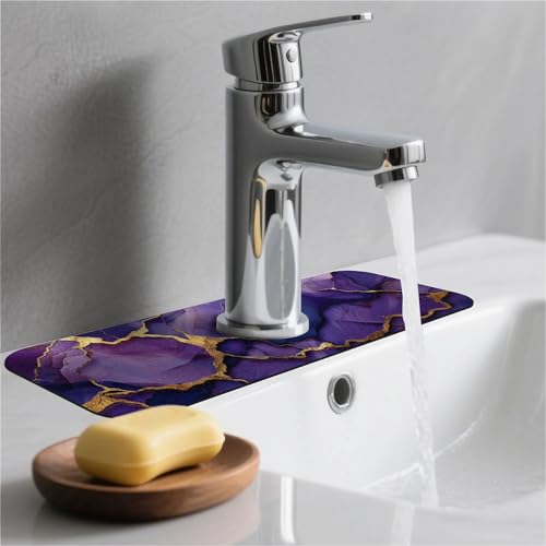 Kitchen Sink Splash Guard，Deep-purple gold marble Faucet Mat Sink Gadgets-Super Absorbent Fast Drying Mat Drip Catcher for Kitchen, Bathroom,Sink Mat, Dish Drying Mat, Bathroom(15" X 5.5" ) - color: Deep-purple gold marble