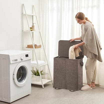 Lifewit Double Laundry Hamper with Lid and Removable Laundry Bags, Large Collapsible 2 Dividers Dirty Clothes Basket with Handles for Bedroom Laundry Room Closet Bathroom College, 136L Brown - color: Brown, size: 136L
