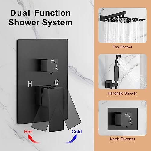 JOMEOO® 12 Inch Matte Black Shower System, Wall Mounted High Pressure Rain Shower Head with Handheld Sprayer, Bathroom Luxury Black Shower Head Shower Faucet Set Rough in Valve Body and Trim - color: Matte Black