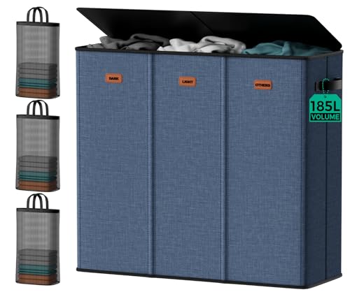 185L Laundry Hamper 3 Section with Lid & Removable Bags | Collapsible laundry basket organizer for laundry room, bedroom & dorm with 3 removable washing bags - color: Navy Blue, size: 185L - 3 Section