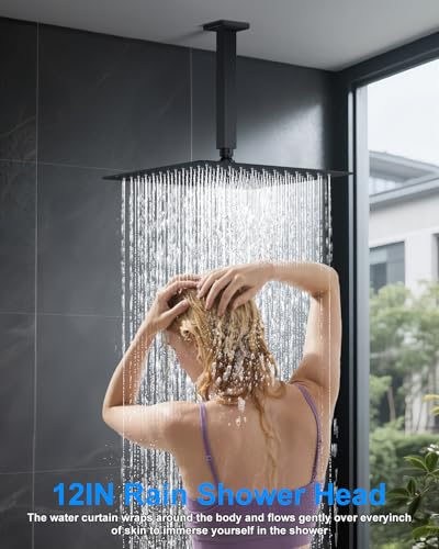 Shower System with Pressure Balance Valve, 12" Ceiling Mount Shower Faucet Set with 2 Rain Shower Head And Multi-function Handheld Head Push Button Diverter Pressure Balancing Valve Kit, Matte Black - color: Matte Black, style: 12"-Square-01