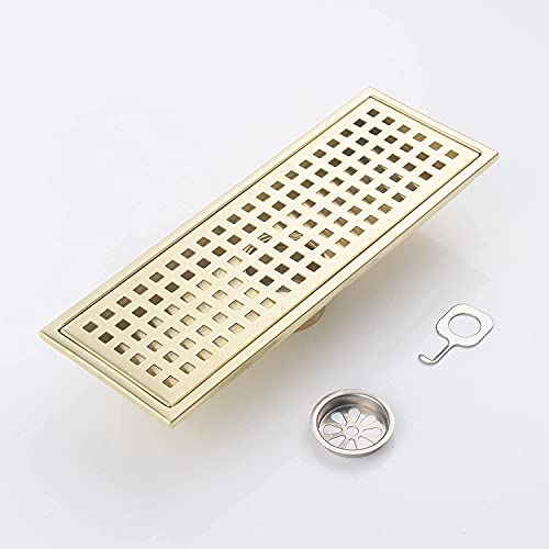 12 Inch Rectangular Shower Floor Drain, Can Be Detachably Inserted Into The Mesh Grille Cover, SUS304 Stainless Steel, Brushed Gold - color: Brushed Gold