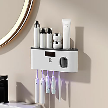 Toothbrush Holders for Bathrooms,Toothpaste Dispenser Wall Mounted,Electric Toothbrush Holders with Solar Charging, Smart Drying Toothbrush Cleaner,Toothbrush Organizer with 5 Brush Slots